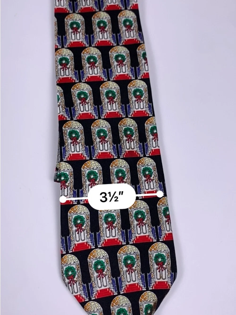 Holiday Traditions Hallmark Men’s Tie Black Christmas Wreath Silk 1996 3.5”